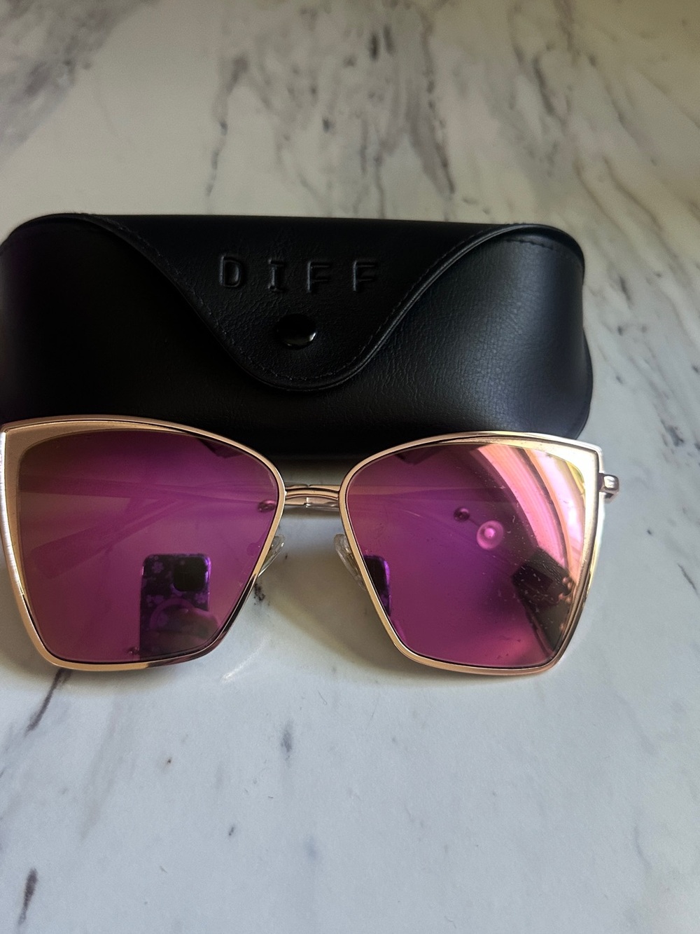 Diff Eyewear Rose Gold Frame Purple Mirrored Cat Eye Sunglasses
